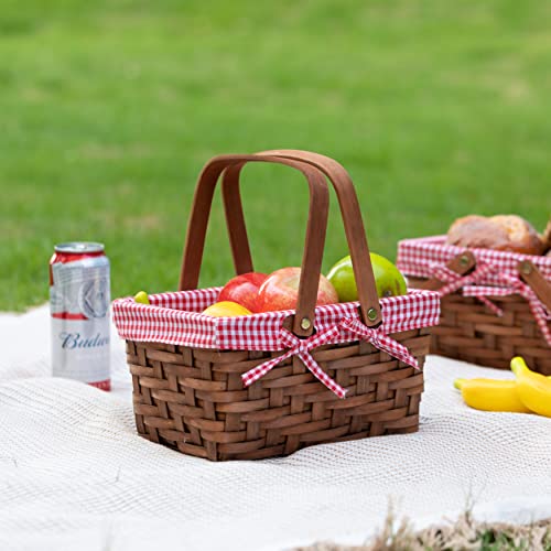 Wickerwise Small Rectangular Woodchip Picnic Baskets with Double Folding Handles, Natural Hand-Woven Basket Lined with Gin...