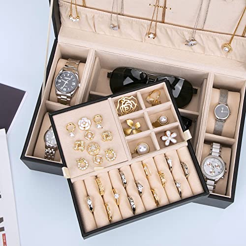 LANDICI Jewelry Box Organizer for Men Women, 2 Layer 4 Slot Watch Storage Case with Removable Tray, PU Leather Large Jewel...