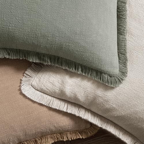 MIULEE Decorative Throw Pillow Covers Neutral Linen Fringe Throw Pillows Set of 2 Natural Beige Boho Farmhouse Cushion Cov...