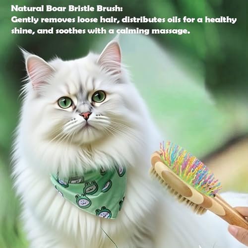 2-in-1 Double Sided Dog Brush for Shedding - Cat Brush with Real Boar Bristle & Pins, Bamboo Handle Pet Grooming Brush for...