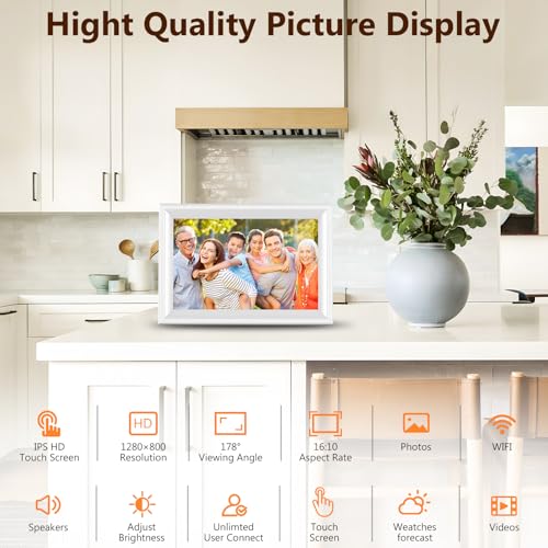 Smart White Digital Picture Frame WiFi Send Photos from Your Phone 16GB Storage 10.1inch 1280x800 IPS Touch Screen Digital...