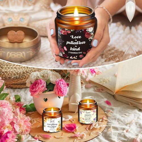 Landhoow 30 Pcs Christian Gifts for Women, 10 Pcs Scented Religious Bible Candles 10 Floral Verses Cards and 10 White Orga...