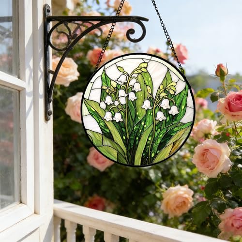 DASTOLL Stained Glass Window Hanging, Lily of the Valley Flower Sun Catchers Colorful Glass Panel Green Plants Suncatcher ...