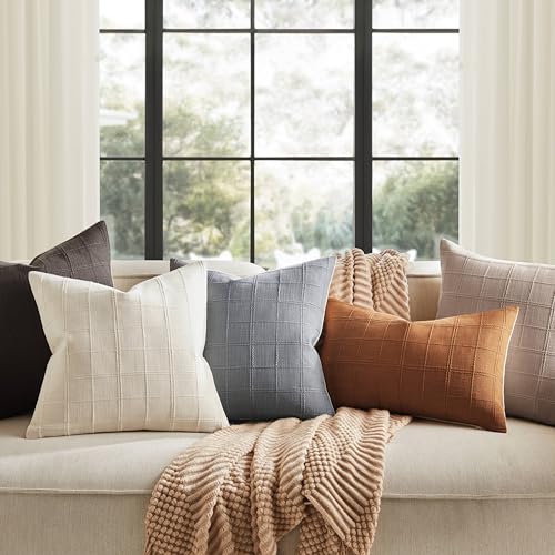 ZeeMart Linen Checked Throw Pillow Covers Set of 2, 18x18 Inch Ivory/Cream, Farmhouse Decorative Single Sided Grid Embroid...