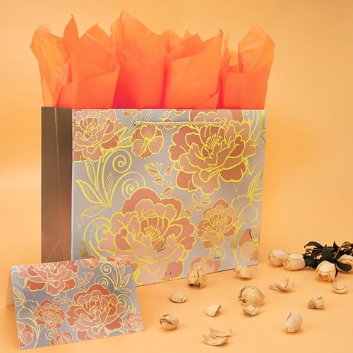 13" Large Rose Gold Gift Bag Set with Greeting Card and Orange Tissue Paper for celebrating birthdays,Mother's Day,Christm...