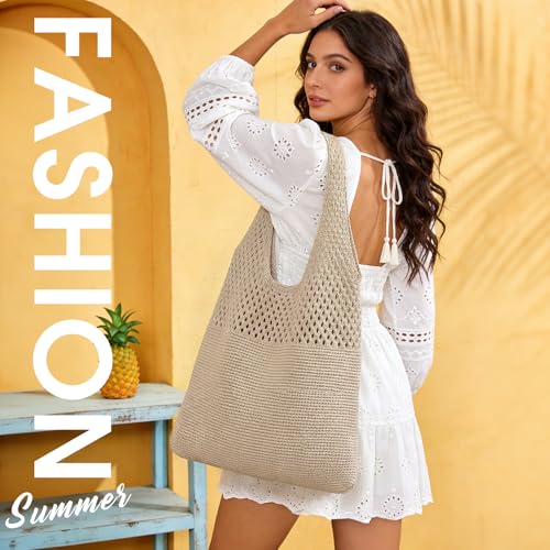 SUOSDEY Crochet Mesh Beach Tote Bag, Knit Summer Vacation Aesthetic Boho Tote Bag for Women