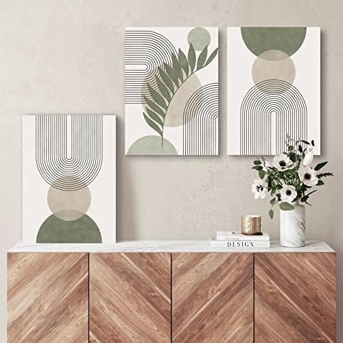 Sage Green Boho Wall Art Set of 3, Minimalist Framed Wall Art Geometric Line Leaf Sun Moon Beige Green Canvas Artwork Pain...
