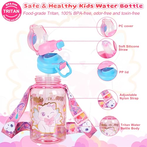 YOYTOO Kids Water Bottle with Pop-Open Straw & Spout 2-in-1 Lid, 20oz Leak-Proof Tritan Plastic BPA-Free Kids Cup with Str...