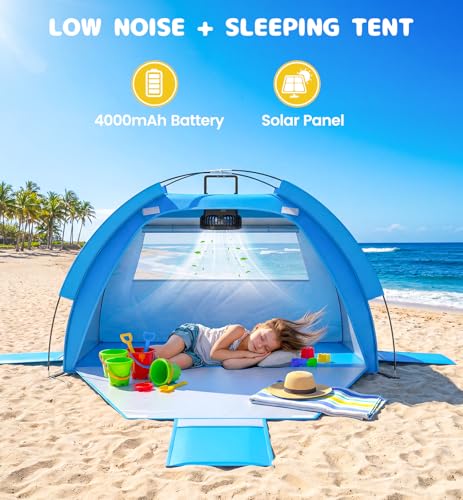 Dsquu Baby Beach Tent Solar Cooling Fan, Anti-UV Toddler Beach Tent Sun Shelter Portable Travel Fan Beach Shade Tent, Baby...