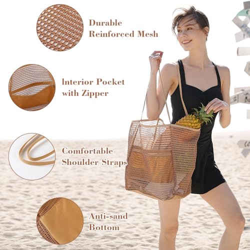 Tavaleu Mesh Beach Bag, Beach Bags for Women, Woven Straw Beach Tote Bag Waterproof with Inner Pocket, Packable Beach Bag