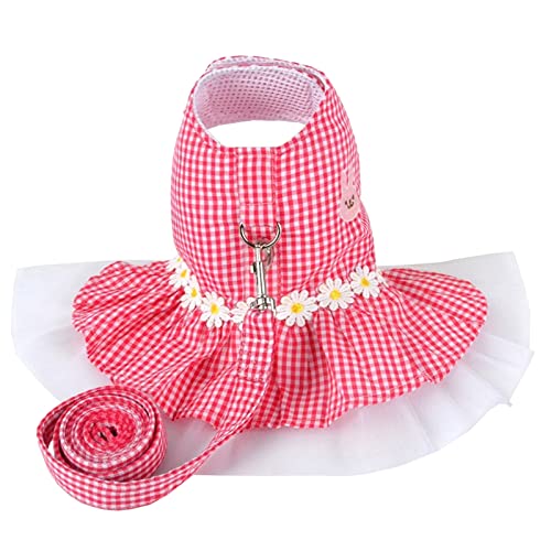 Small Dog Dress with Leash Set Adjustable Dog Harness Dress with D Ring Breathable Walk Doggie Outfits for Puppy Girl and ...