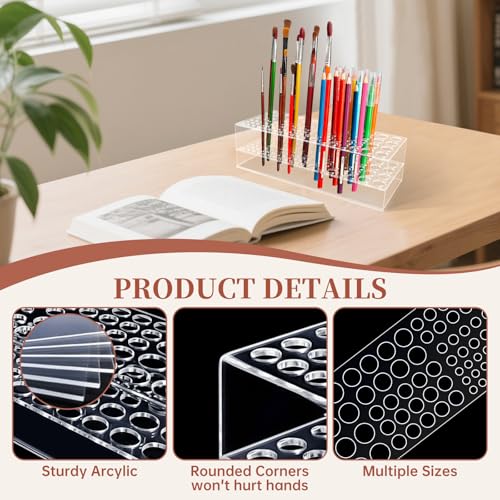 HESHUYU Acrylic Paint Brush Holder 105 Holes Clear Paintbrush Holder Organizer Artist Brush Holder Paint Brush Stand Rack ...