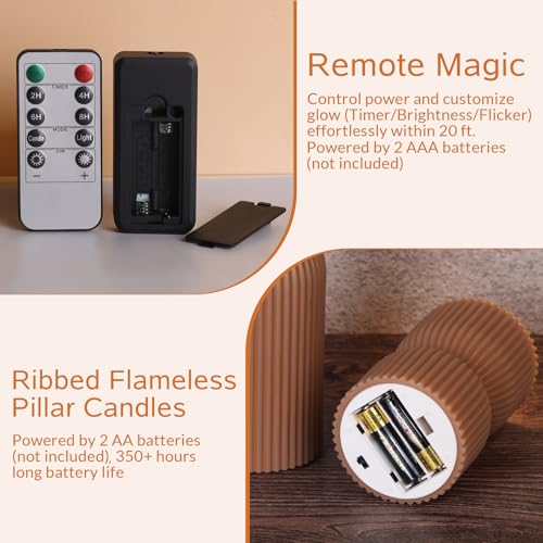 Girimax Warm Brown Ribbed Flameless Pillar Candles with Remote, Real Wax Flickering Battery LED Candles Christmas Decor Gi...