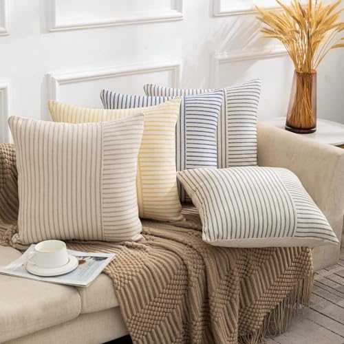 YCOLL Farmhouse Pillow Covers 20x20, Modern Accent Square Throw Pillow Covers Set of 2, Gray and Beige Striped Patchwork L...