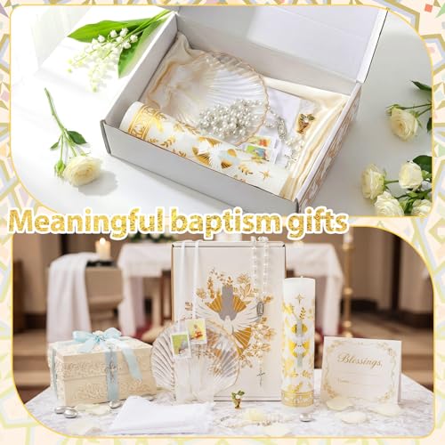 Liliful 7 Pcs First Communion Candle Gift Set, Catholic Baptism Holy Spirit Candle Towel Shell Rosary Set, Velas para Baut...