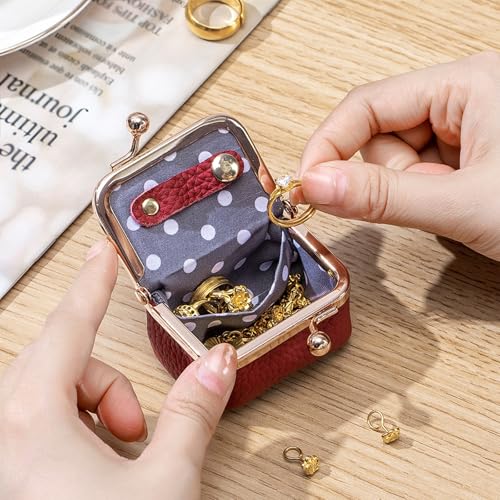 Genuine Leather Mini Jewelry Box, Portable Vintage-Inspired Genuine Leather Coin Purse Jewelry Case with Kiss Lock, Mini T...