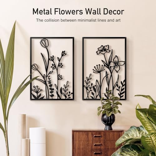 Sokurdeg Black Metal Flowers Wall Decor, Minimalist Floral Wall Hanging Art, Black Abstract Line Wall Art Sculptures for B...