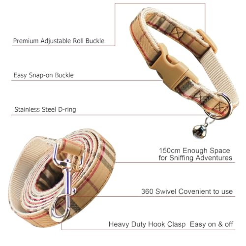 NISIYE Cute Plaid Dog Collar Harness and Leash with Safety Buckle - Adjustable and No Pull Comfortable Dog Collars for Sma...