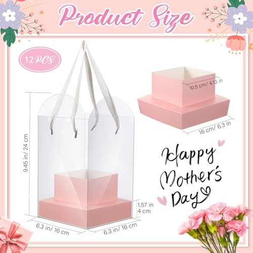 Kolldenn 12 Pack Clear Pink Flower Bouquet Bags with Handle, 9.45 Inch Mother's Day Boxes for Floral Arrangement, PVC Wate...