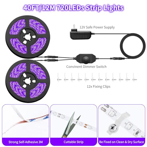 Dimmable Black Light Strip Kit 40ft/12M 720 LEDs, 12V Flexible Blacklight Fixtures, 385nm-400nm, Black Light LED Strips fo...