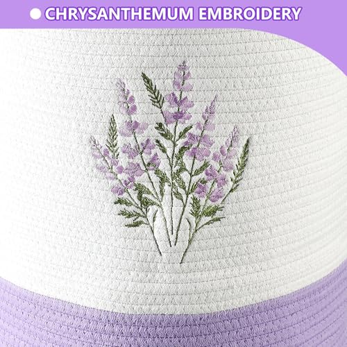 Honeydak Purple Lavender Cotton Rope Laundry Basket Hamper Large Floral Embroidery Tall Basket with Handle Foldable Round ...