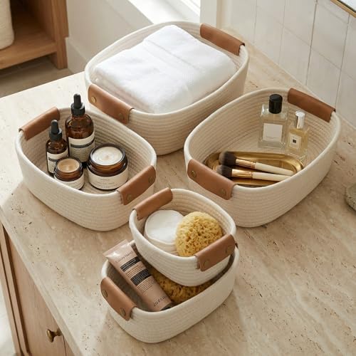 Beautiful Storage Basket Set of 5 - Sturdy Cotton Rope Baskets for Shelves Are Perfect for Organizing Your Home - Quality ...