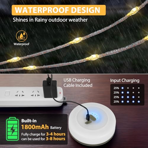 Camping String Lights, 4 in 1 Quick Storage 32.8FT Rechargeable Tent Lights with 9 Lighting Modes, Hanging Waterproof Port...
