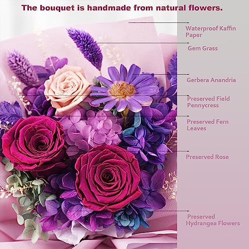 lovenfold Preserved Flowers for Delivery, Purple Rose Bouquets That Last 1-3 Years, Birthday Flowers Gifts for Women Mom G...
