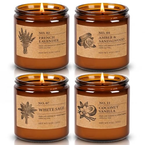 Soy Candles Set of 4, 9oz Natural Soy Wax Aromatherapy Candles, Home Scented Candles with 4 Scents (Lavender, Amber Sandal...