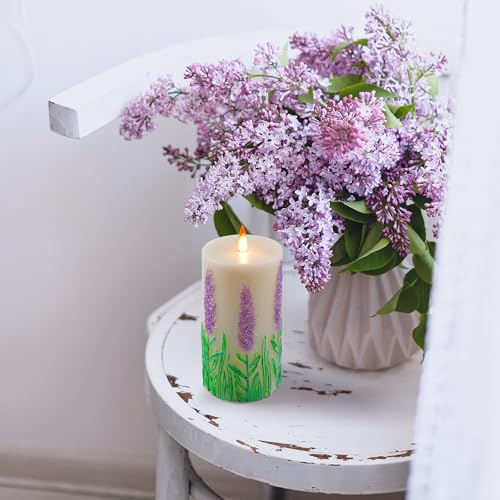 QQFCTOO Lavender Embossed flameless Candle with Flickering Flame - Battery-Operated Candle with Remote Timer - Real Wax - ...