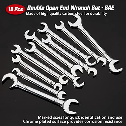LEONTOOL Mini Double Open End Wrench Set SAE 10 Pcs 5/32" to 7/16" with Portable Storage Pouches Mirror Chrome Finish Supe...