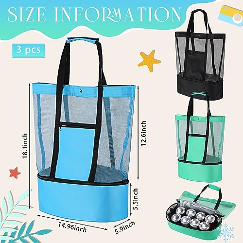 Oudain 3 Pcs Beach Bag with Cooler Mesh Beach Tote with Insulated Cooler and Pocket Waterproof Sandproof Beach Tote Bag Sw...