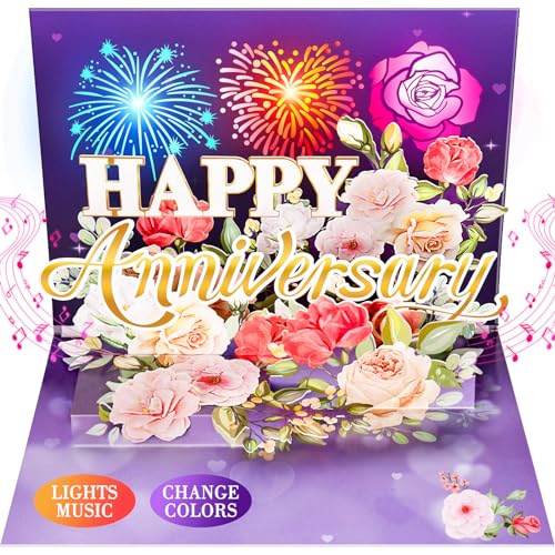 Anniversary Card, Music & Light Pop up Valentine's Card with Fireworks Flowers Gifts for Him Her Husband Wife Couple (Purple)