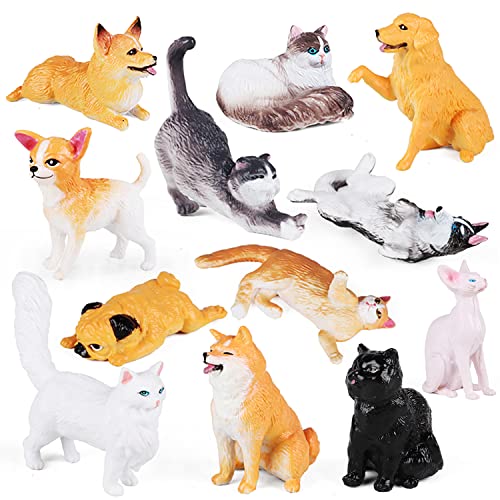 SIENON 12Pcs Dog and Cat Animal Toys, Mini Cute Plastic Puppy Kitten Pet Model for Kids Educational Preschool Learning Chr...