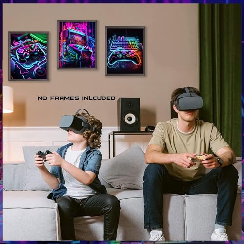 BGFCE Game Room Decor Posters Set of 3 - Neon Gaming Accessories Theme Canvas Wall Art, Gamer Console Paintings Picture Wa...
