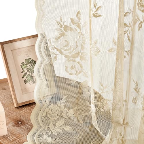 SEEKRIGHT Beige Lace Curtains 84 Inches Long Victorian Floral Sheer Curtains for Living Room Bedroom Decor Drapes Rod Pock...