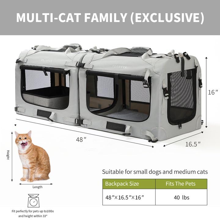 Petseek Extra Large Cat Carrier Soft Sided, Portable Small Dog Carrier for 2 Cats, 24"x16.5"x16" Car Travel Folding Comfor...