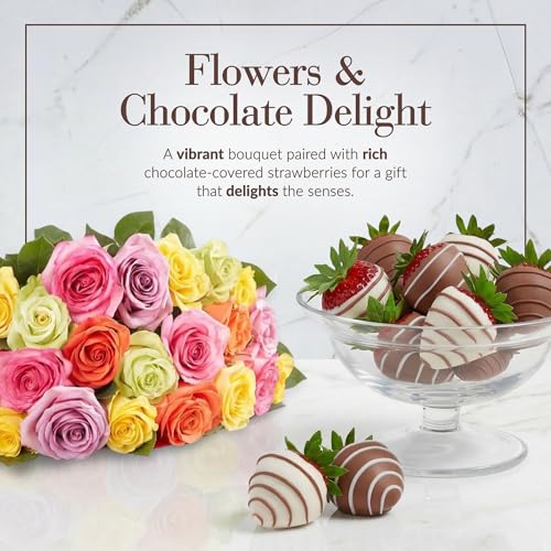 Shari’s Berries 24 Assorted Roses with Vase & 6 Gourmet Chocolate Covered Strawberries Gift Set| Flower & Chocolate Gift D...