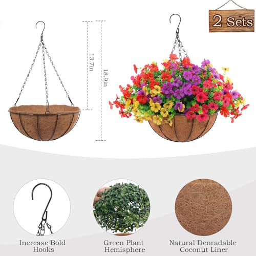 Hananona 2 Set Artificial Outdoor Flowers with Hanging Basket, 2 Hanging Planters with 24 Pcs Flowers for Spring Summer Fr...