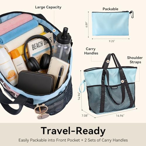 PASMAN Large Beach Bag with Zipper-8 Pockets Sandproof Beach Tote Bag for Women,Foldable Lightweight Family Swim Bag Vacation