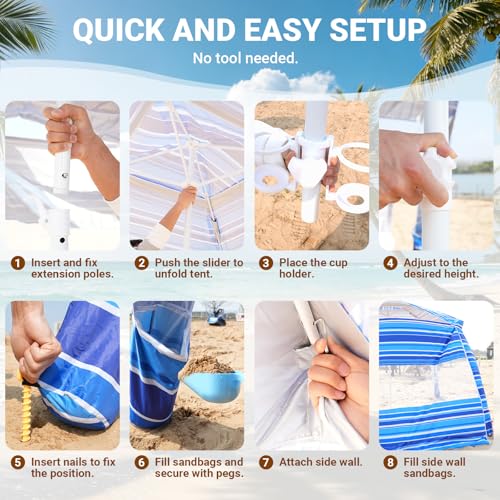 Aomifunny 8'x8' Beach Cabana, UPF 50+ Large Beach Canopy with Side Wall, Easy Setup Pop Up Sun Shelter, Adjustable Height...
