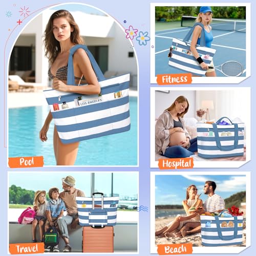 BKNOOU Extra Large Beach Bags Waterproof Sandproof XL Beach Tote Bag for Women Zipper Foldable Swim Pool Bag with Wet Pocket