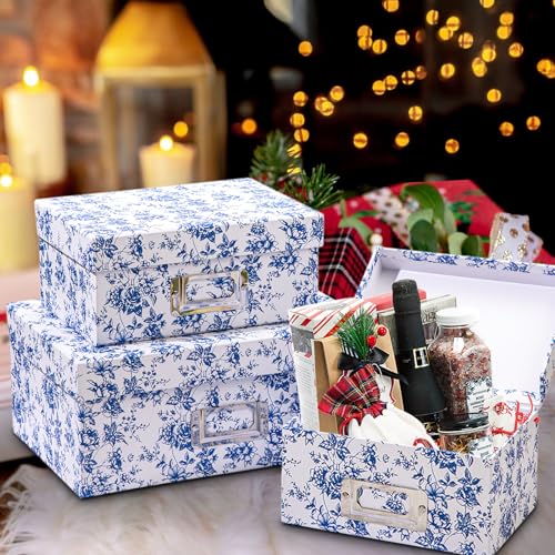 Briful Blue and white Porcelain Storage Boxes, Photos Storage Boxes with Lids 4 in 1 Set Water-proof Gift Boxes Sets Decor...