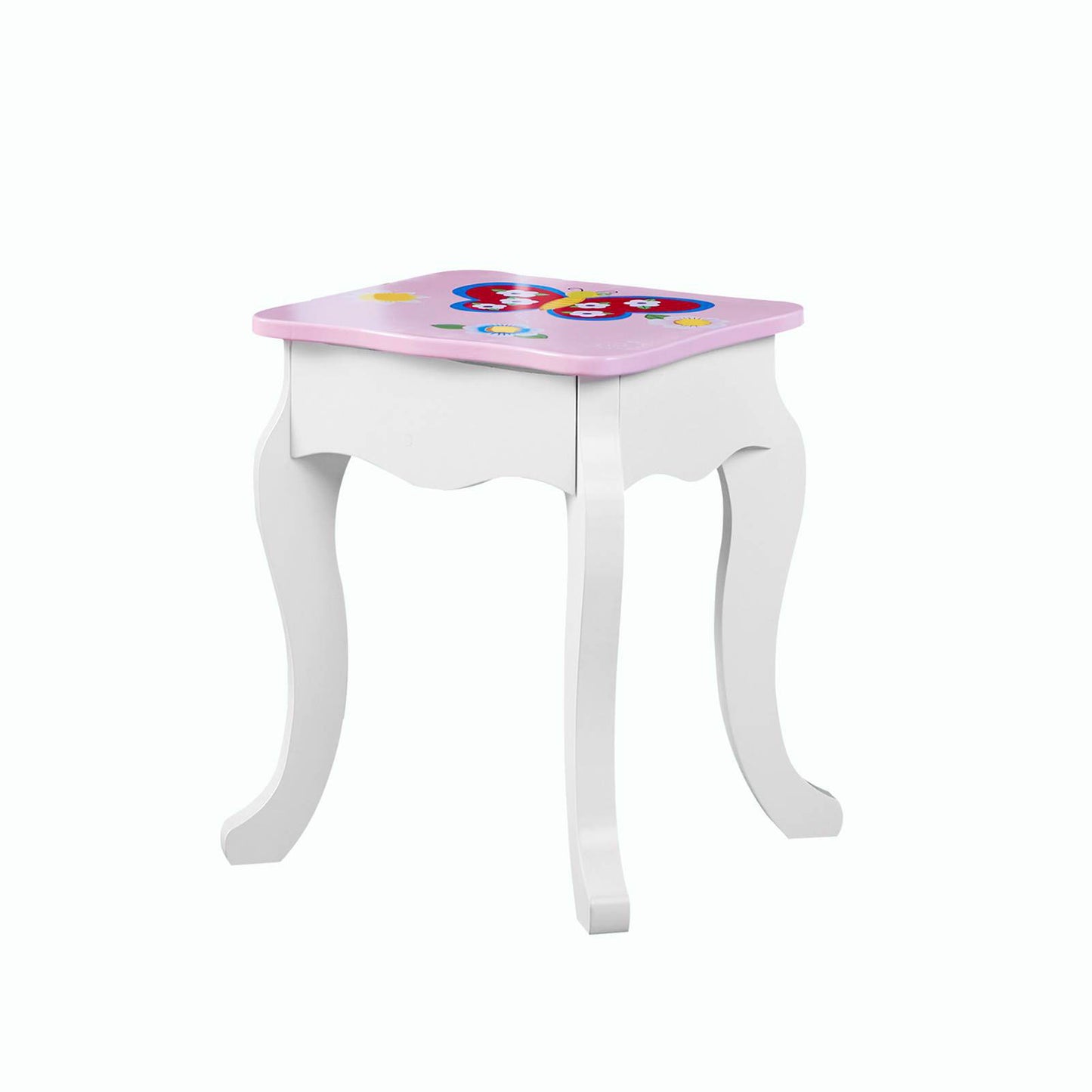 Kids Vanity Set Floral Printed Wooden Makeup Dressing Princess Table With Mirror And Stool For Role Playing Pink