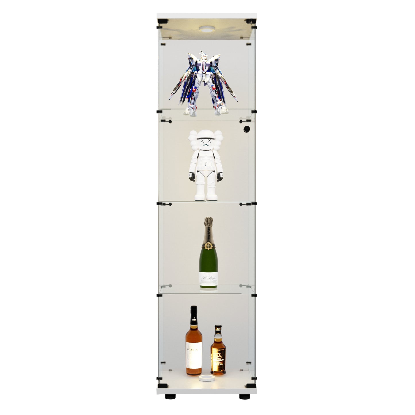 LED Lights Glass Display Cabinet 4 Shelves With Door, Floor Standing Curio Bookshelf For Living Room Bedroom Office, 64.7 X16.7 X14.3   White