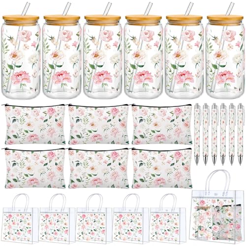 LemonRoad 24 Pcs Bulk Gifts Sets, Pink Floral PVC Transparent Bag 16 oz Glass Cups with Lids and Straws Cosmetic Bag Flowe...
