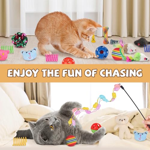 QUOZUO 30 Pcs Cat Toy Kitten Toys Set, Interactive Cat Toy Wand Cat Springs Ball Toy with Bells, Cat Toys for Bored Indoor...