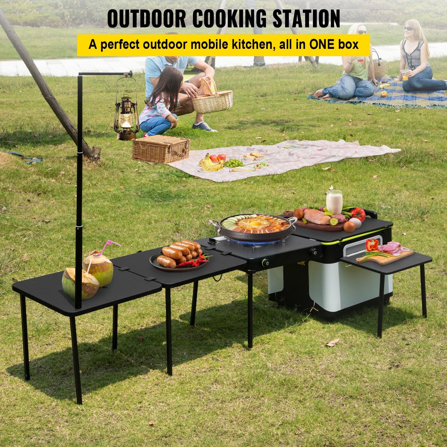 Outdoor Mobile Kitchen, Portable Multifunctional Camp Box With Wheels All In One Integrated Cooking Station With Windproof Stove, Folding Tables Storage Organizer, Black