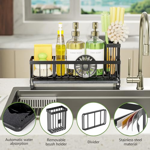 Cisily Extra Large Sink Caddy Organizer with Drying Stone, Black Sponge Holder for Kitchen, Dish Brush Holder for Countert...