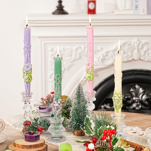 Sungmor Handcrafted Decorative Taper Candles – 9 Inch Floral Embossed Set of 4, Elegant Wedding & Home Décor Candles, Mult...